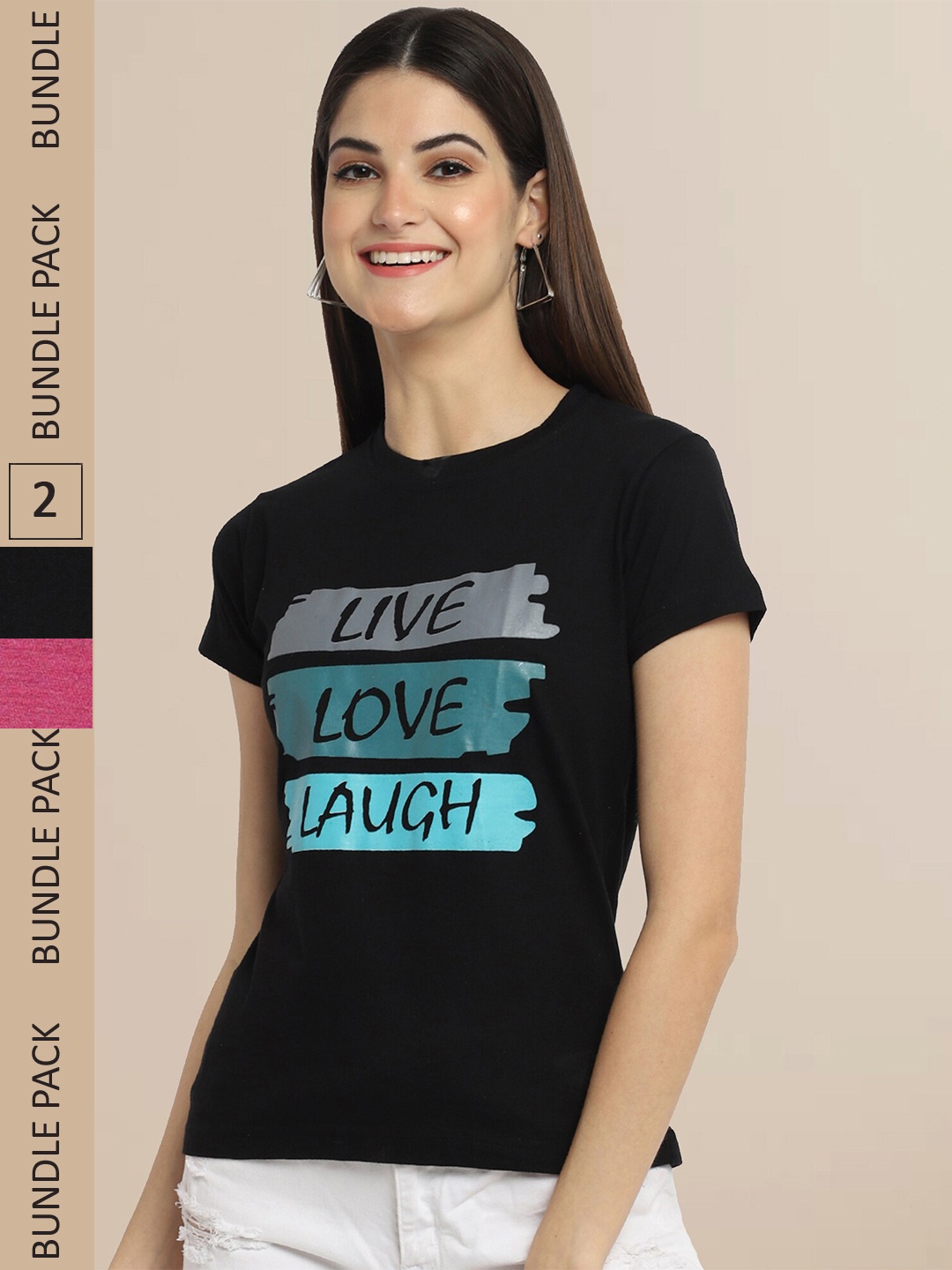 

Fabflee Women Black & Pink Pack of 2 Graphic Printed Cotton T-shirt