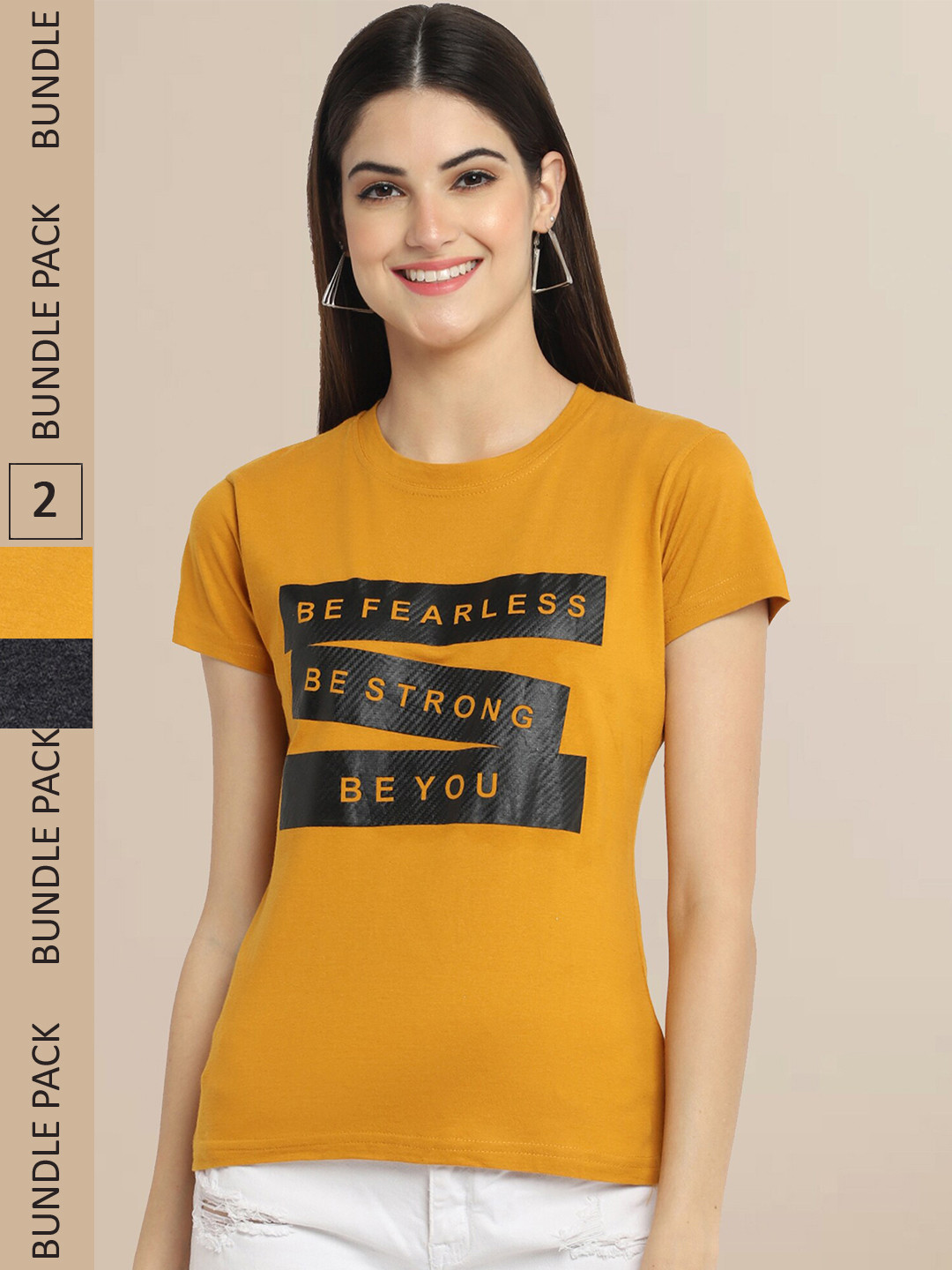 

Fabflee Women Mustard Yellow & Charcoal Pack of 2 Graphic Printed Cotton T-shirt