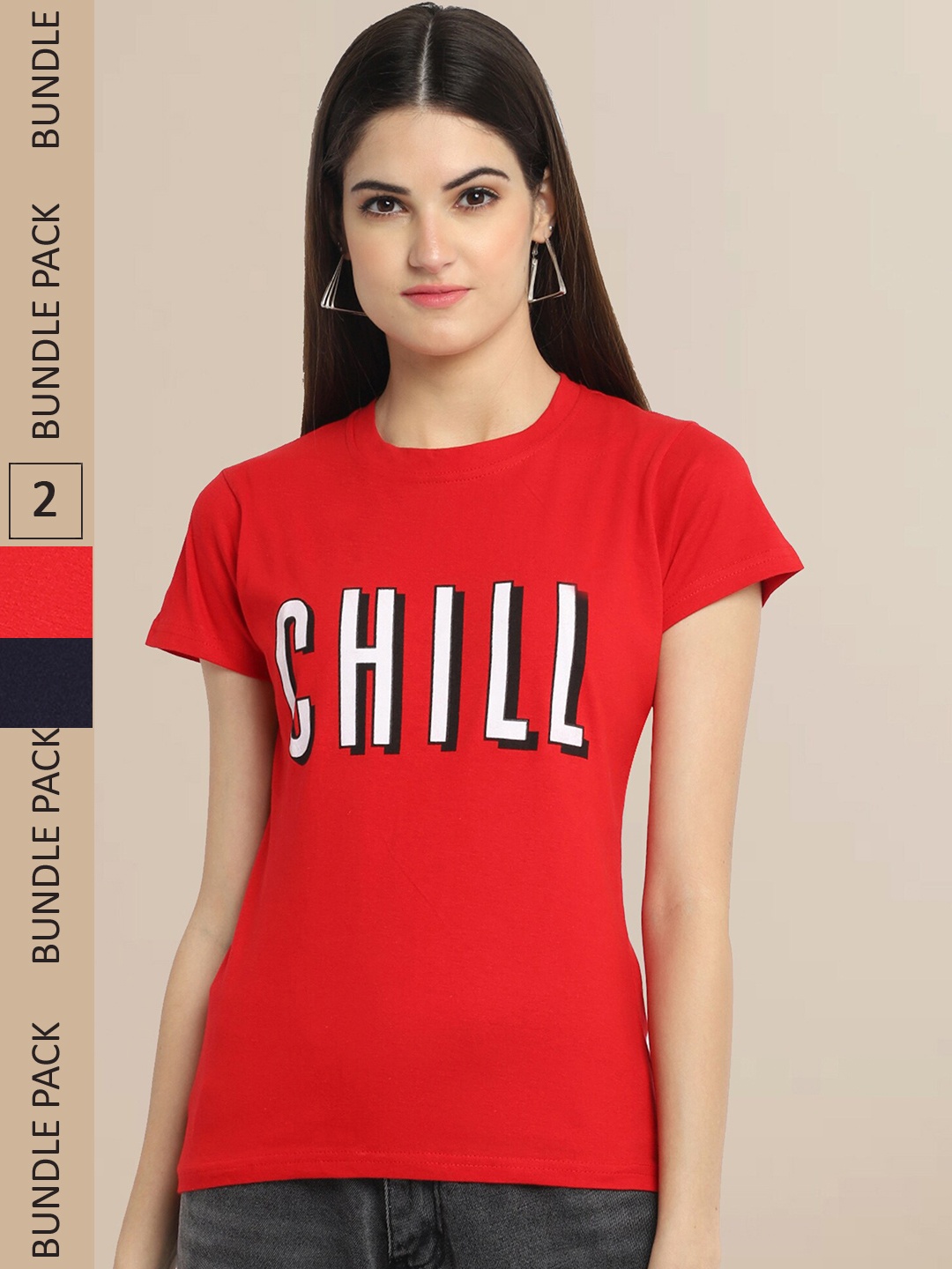 

Fabflee Women Red & Navy Blue Pack of 2 Graphic Printed Cotton T-shirt