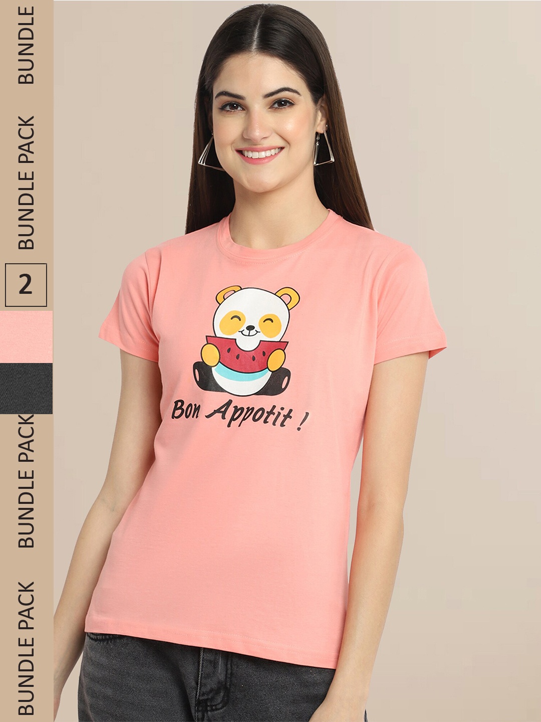 

Fabflee Women Peach & Charcoal Pack of 2 Graphic Printed Cotton T-shirt