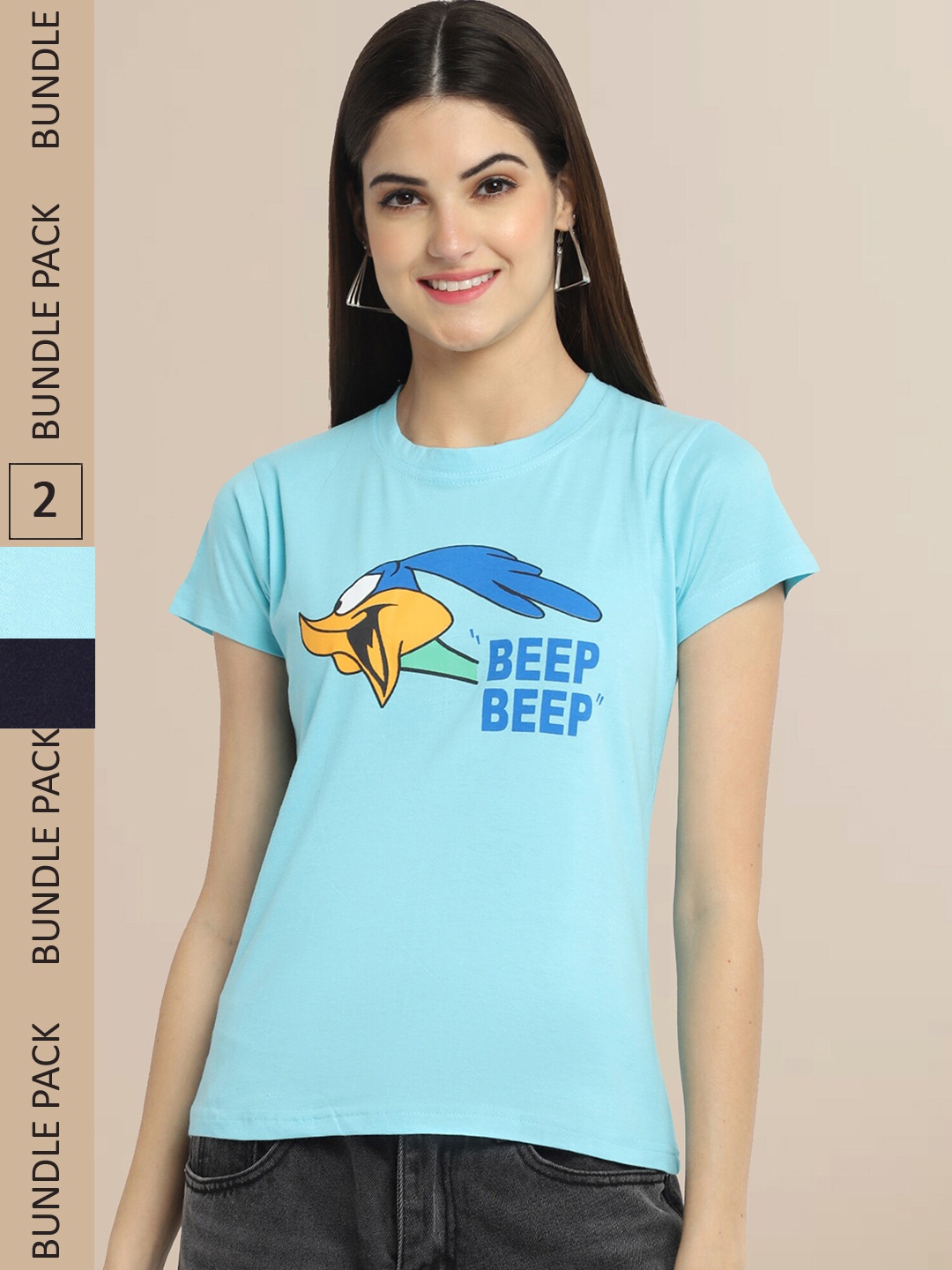 

Fabflee Women Navy Blue & Blue Pack of 2 Graphic Printed Cotton T-shirt