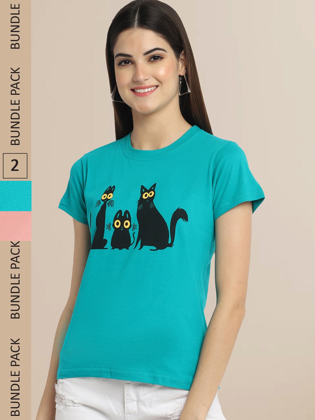 Fabflee Women Blue & Peach Pack of 2 Graphic Printed Cotton T-shirt