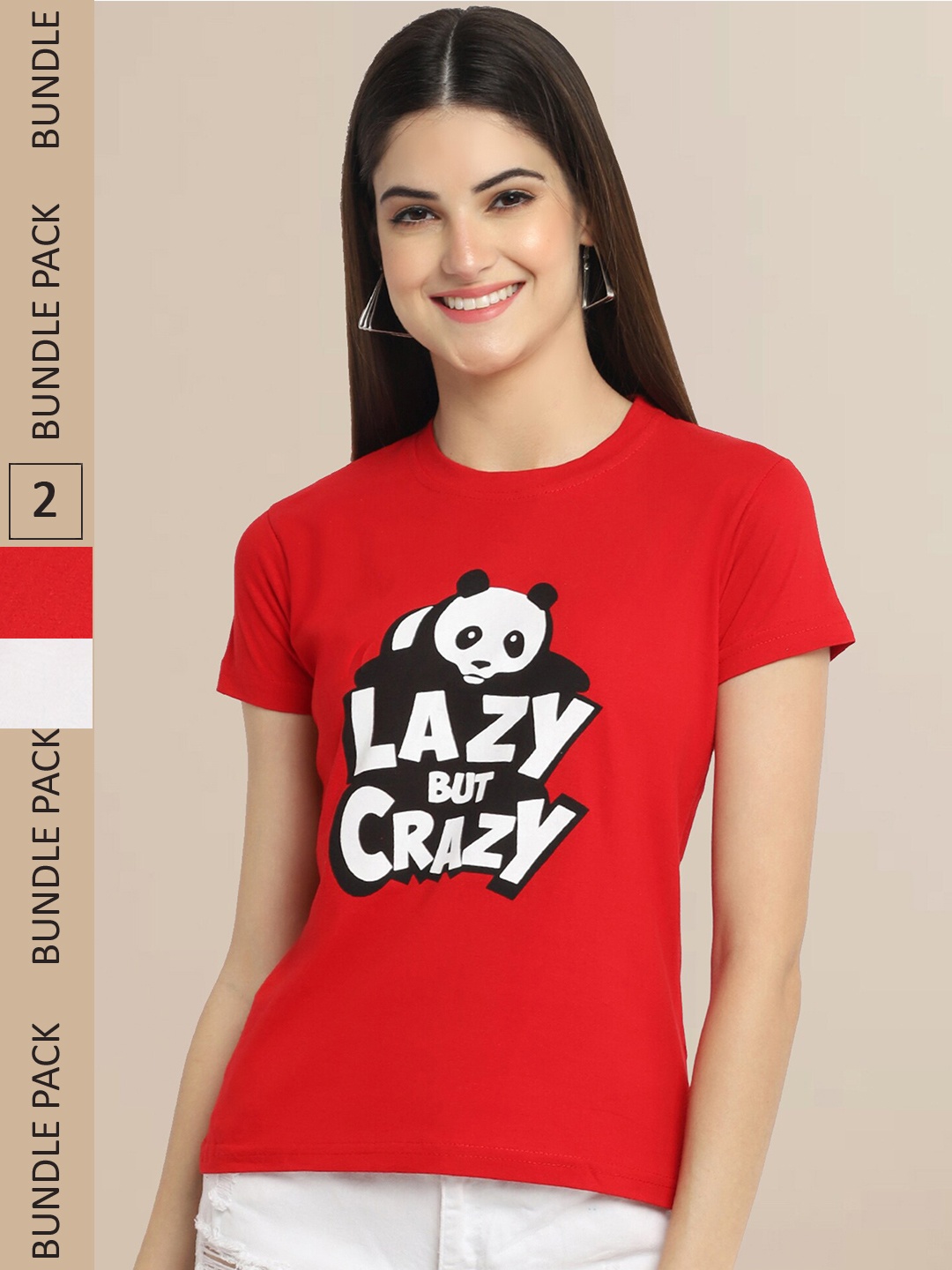 

Fabflee Women Red & White Pack of 2 Graphic Printed Cotton T-shirt