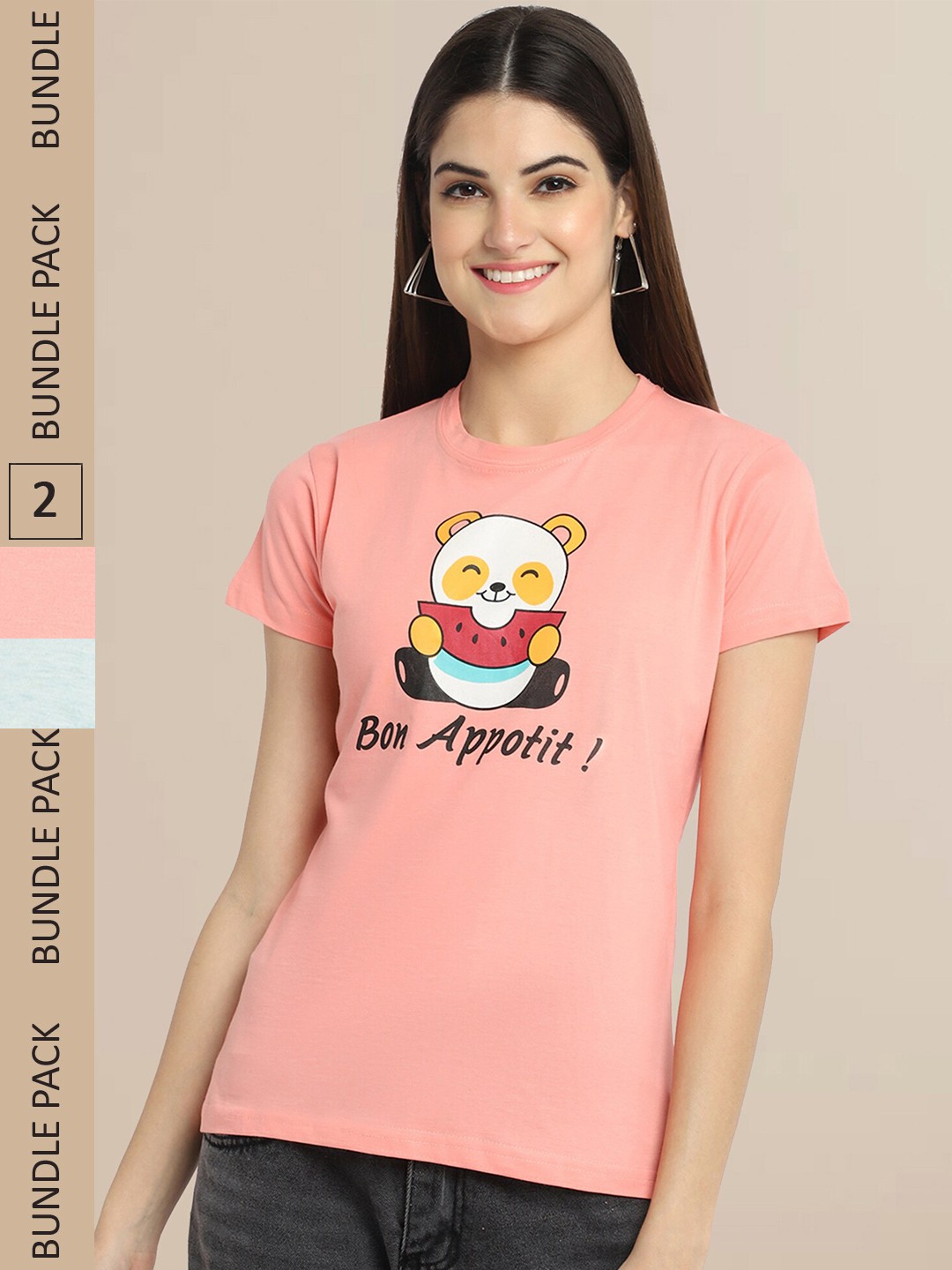 

Fabflee Women Peach & Blue Pack of 2 Graphic Printed Cotton T-shirt