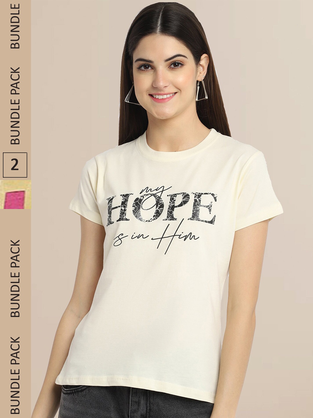 Fabflee Women Pink & Cream Pack of 2 Typography Printed Cotton T-shirt