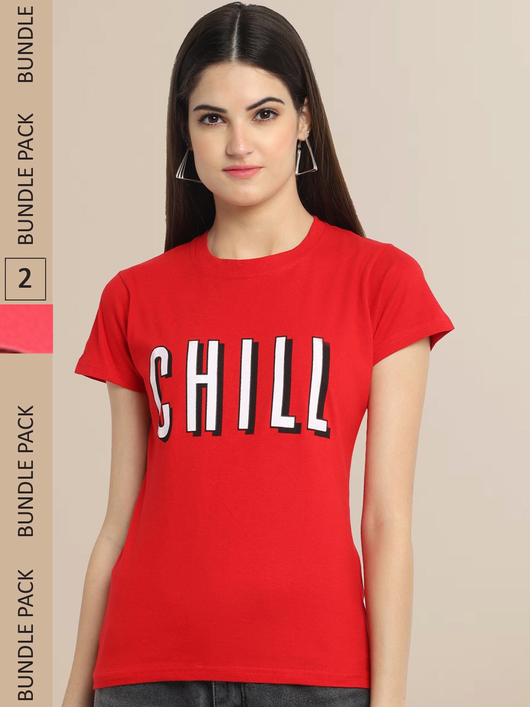 Fabflee Women Red & Coral Pack of 2 Graphic Printed Cotton T-shirt