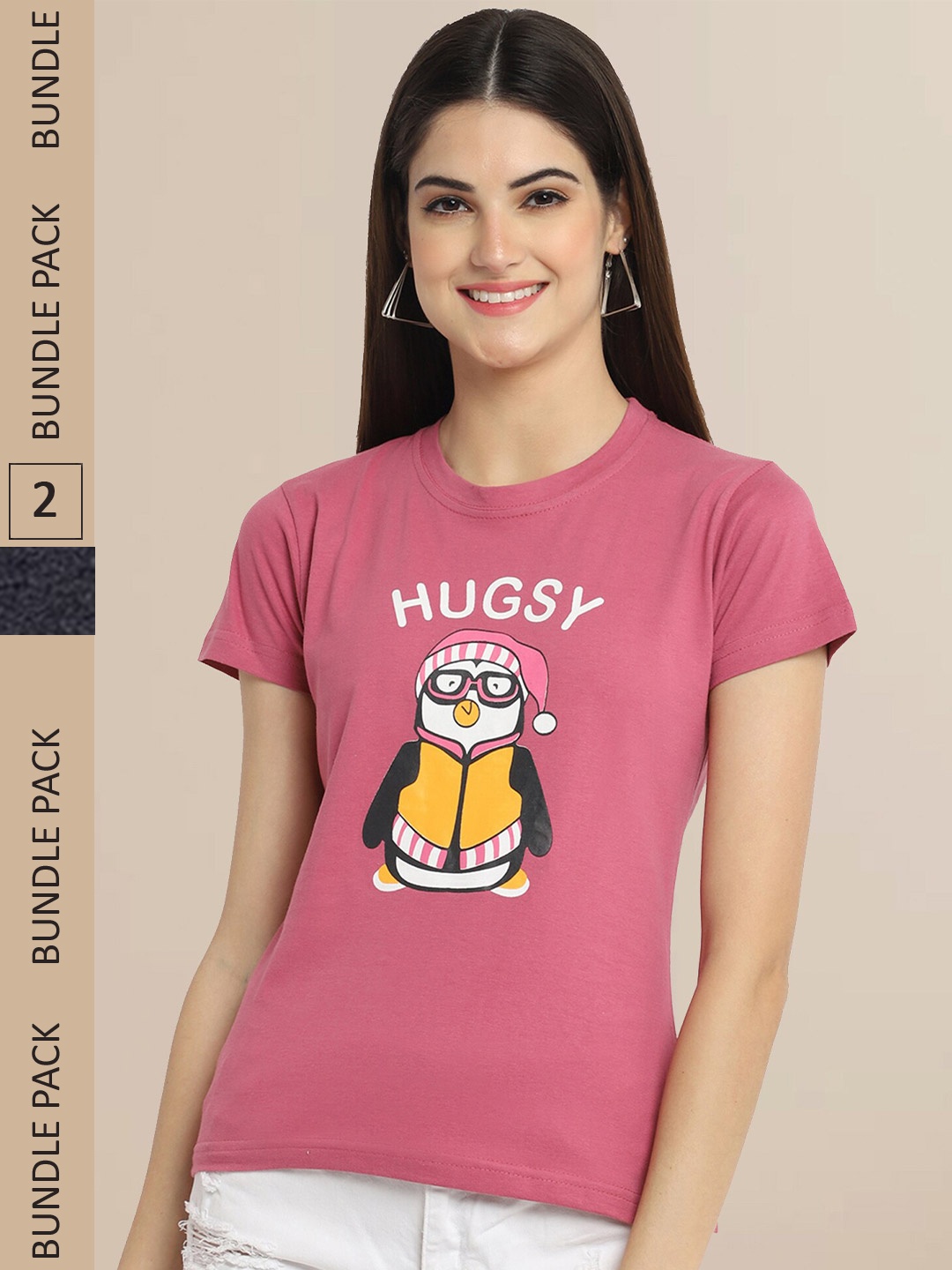 

Fabflee Women Pink & Charcoal Pack of 2 Graphic Printed Cotton T-shirt