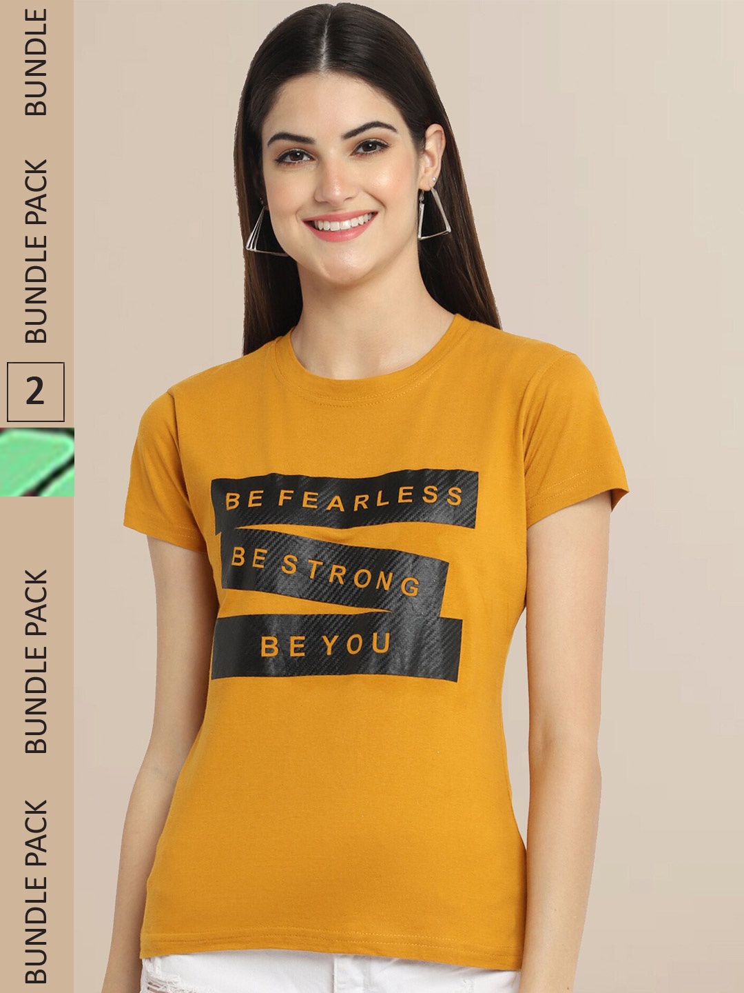 Fabflee Women Mustard Yellow & Coral Pack of 2 Graphic Printed Cotton T-shirt