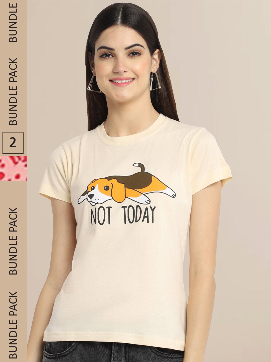 Fabflee Women Beige & Peach Pack of 2 Graphic Printed Cotton T-shirt