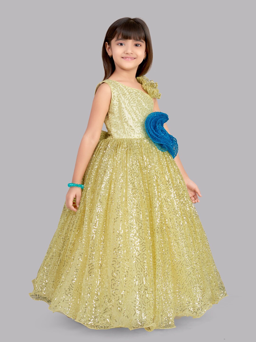 

Pink Chick Girls Yellow Embellished Net Fit & Flare Maxi Dress