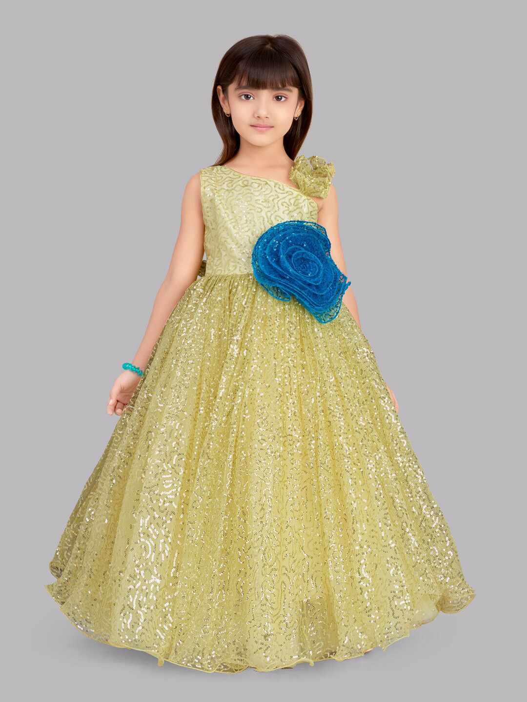 

Pink Chick Girls Yellow Embellished Net Fit & Flare Maxi Dress