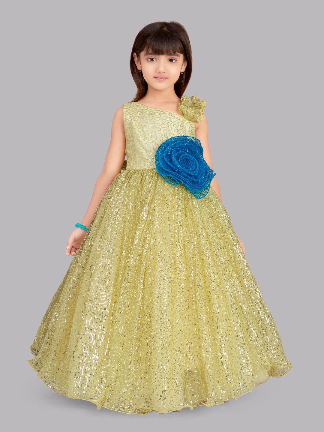 

Pink Chick Girls Yellow Embellished Net Maxi Fit & Flare Dress