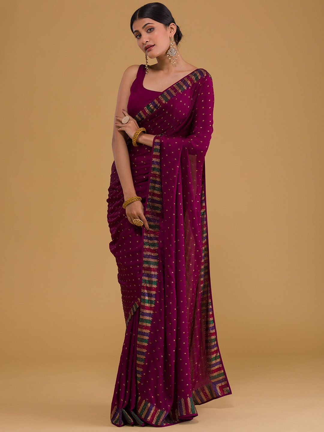 

Koskii Purple & Gold-Toned Embellished Beads and Stones Saree