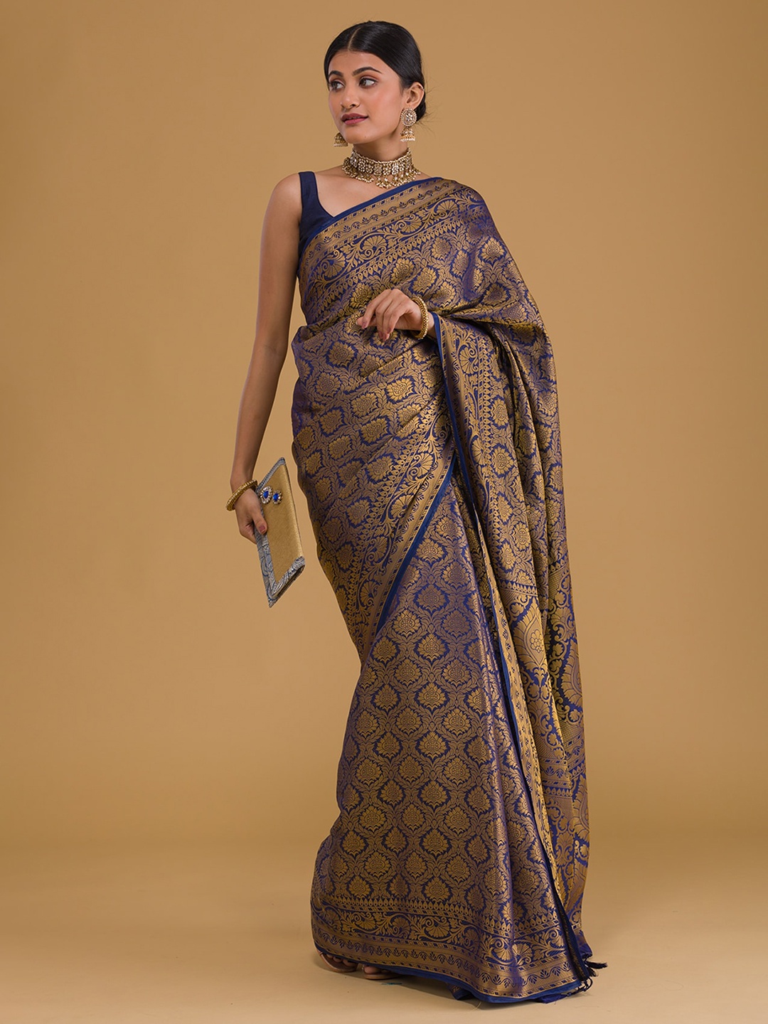 

Koskii Navy Blue & Gold-Toned Ethnic Motifs Zari Banarasi Saree