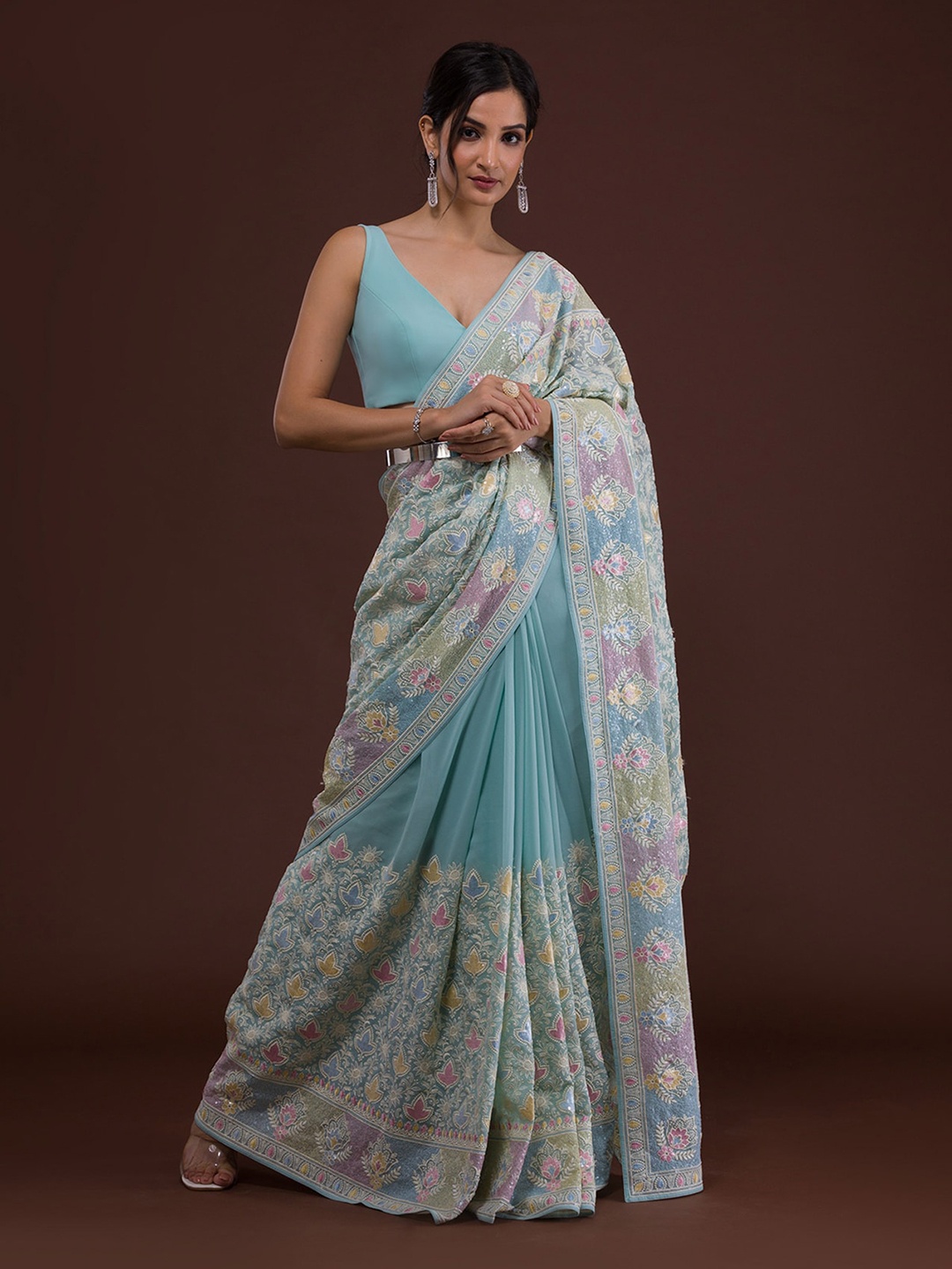 

Koskii Blue & Pink Floral Embroidered Saree