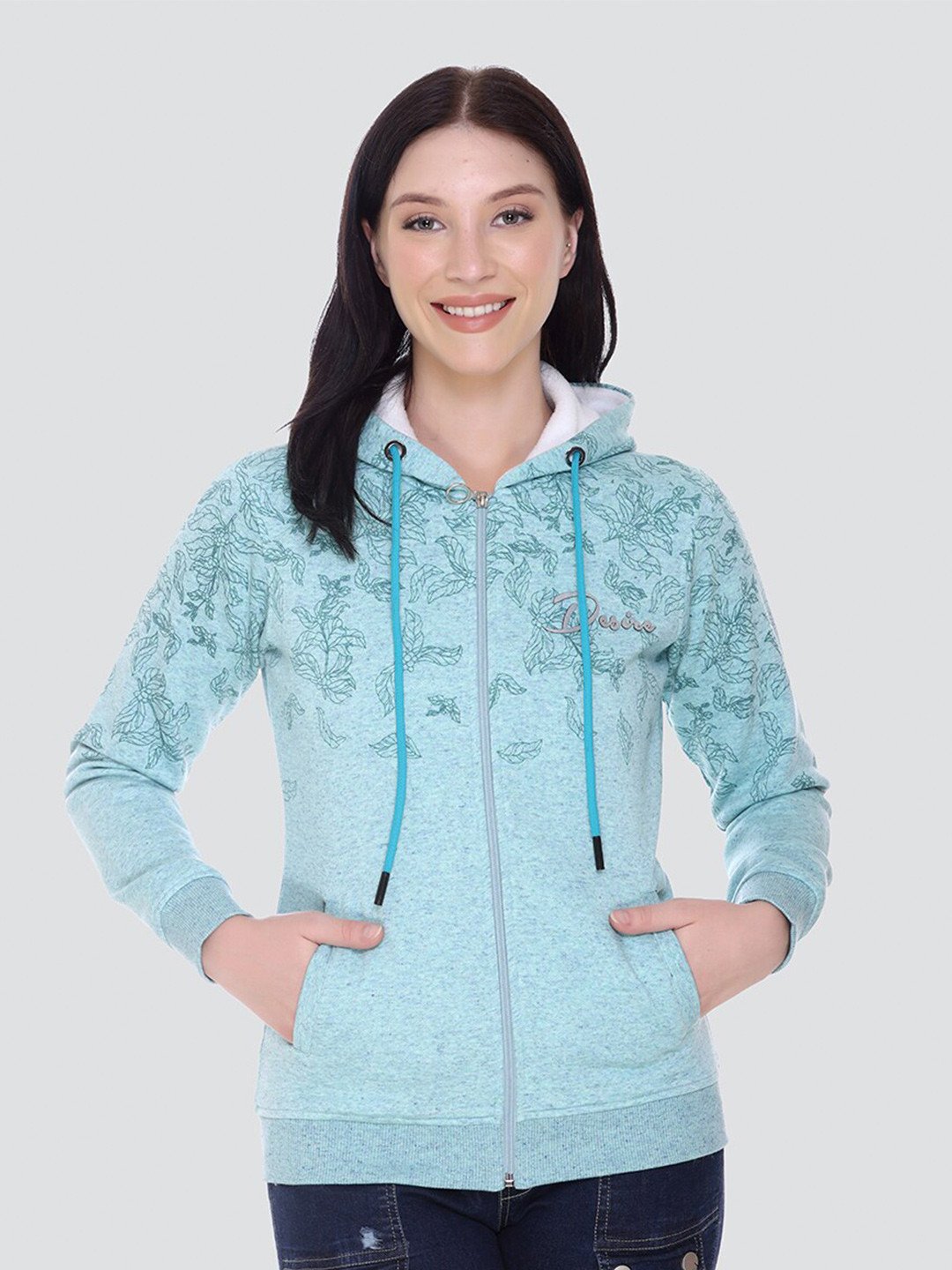 

DARTICA Women Sea Green Printed Hooded Sweatshirt
