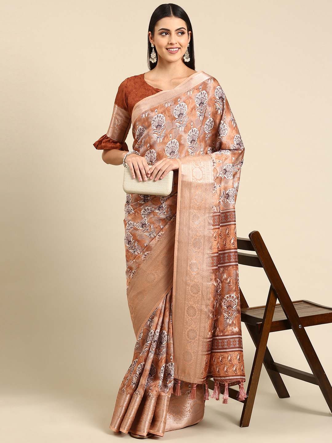 

Mitera Orange Floral Pure Silk Saree