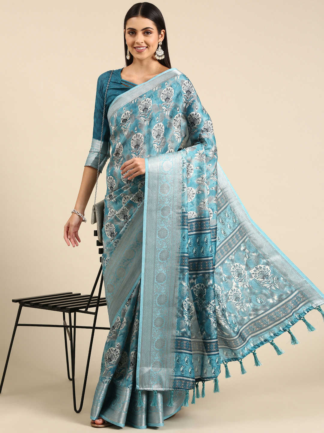 

Mitera Blue Floral Pure Silk Saree
