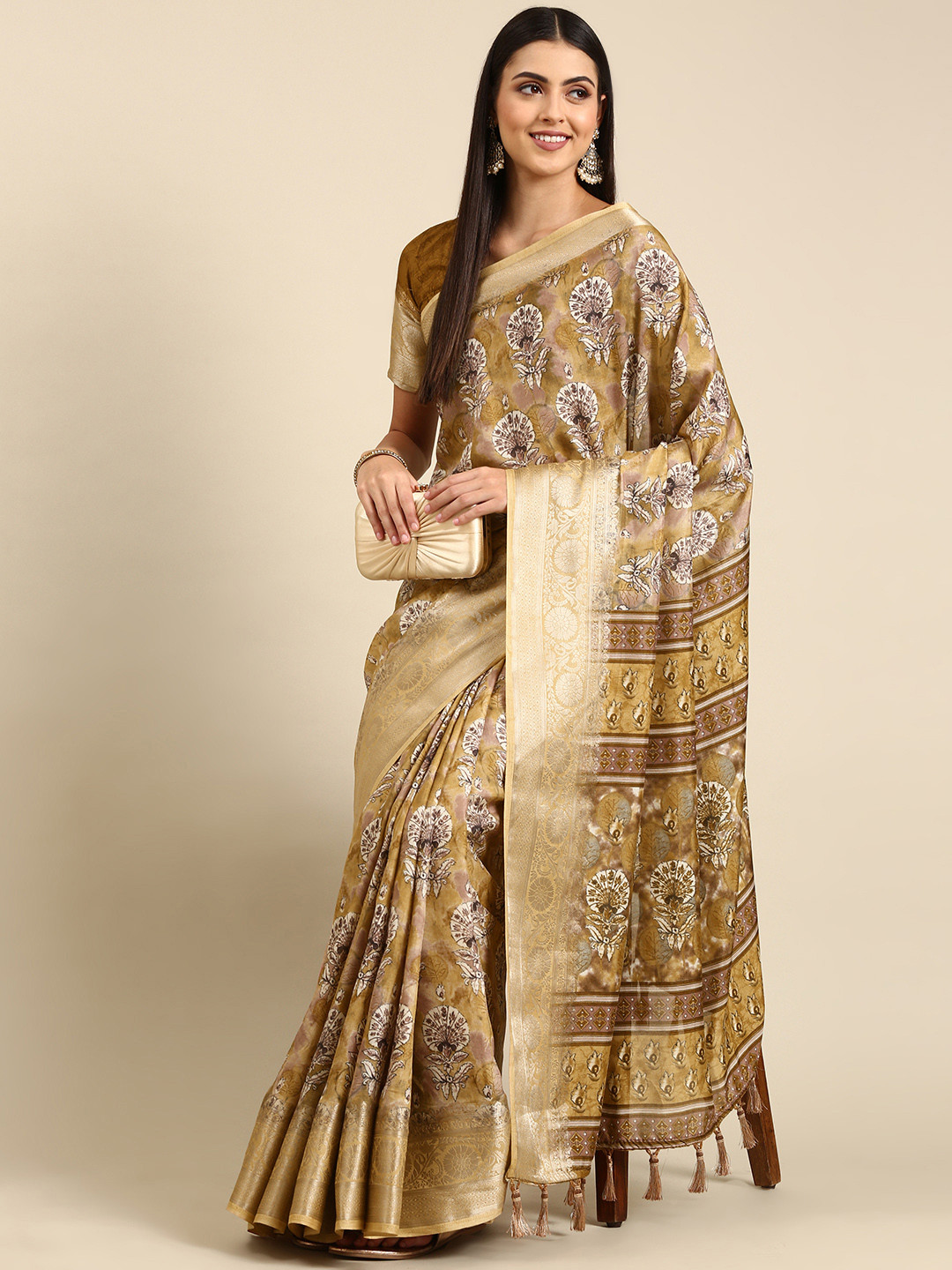 

Mitera Ethnic Motifs Zari Pure Silk Saree, Beige