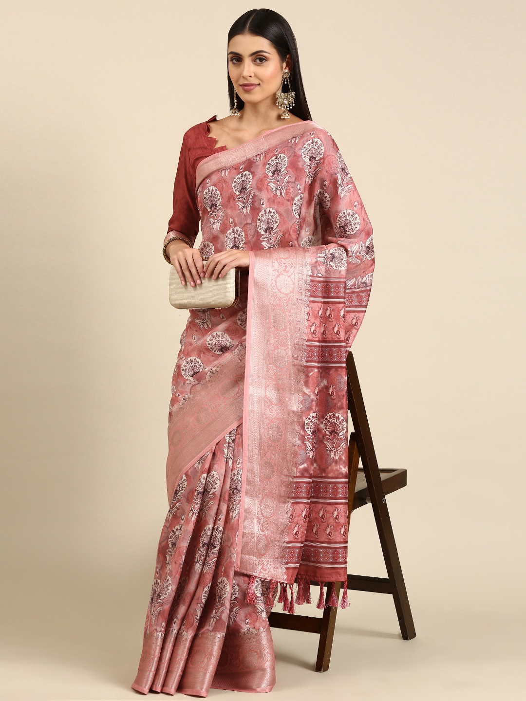 

Mitera Ethnic Motifs Zari Pure Silk Saree, Pink