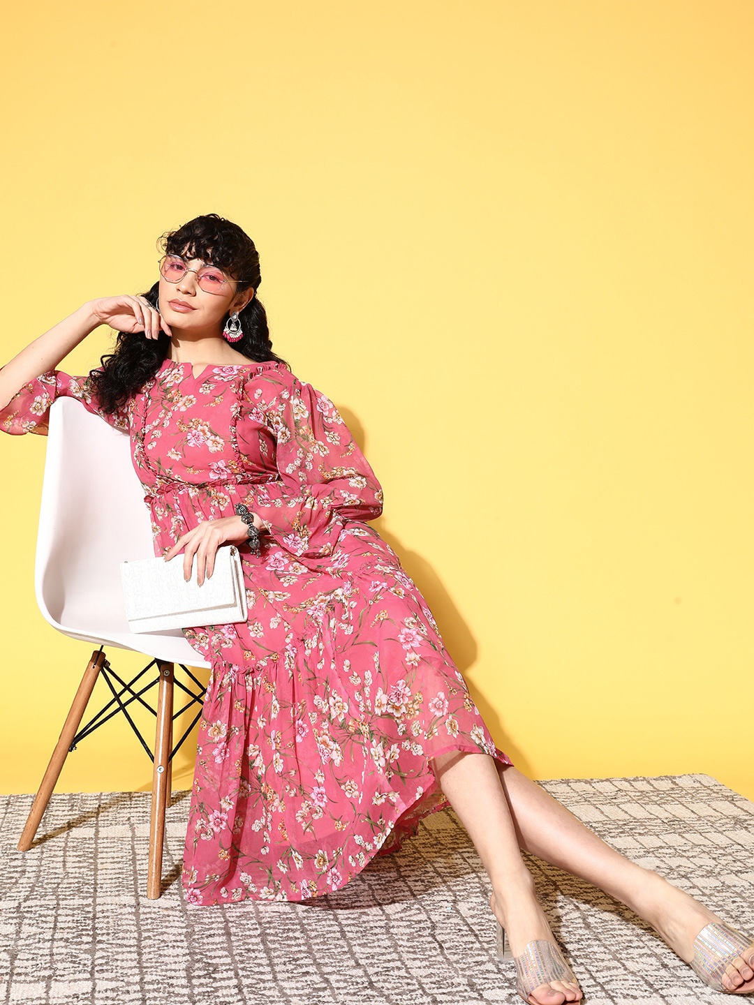 

RAJGRANTH Pink & White Floral Georgette A-Line Midi Dress