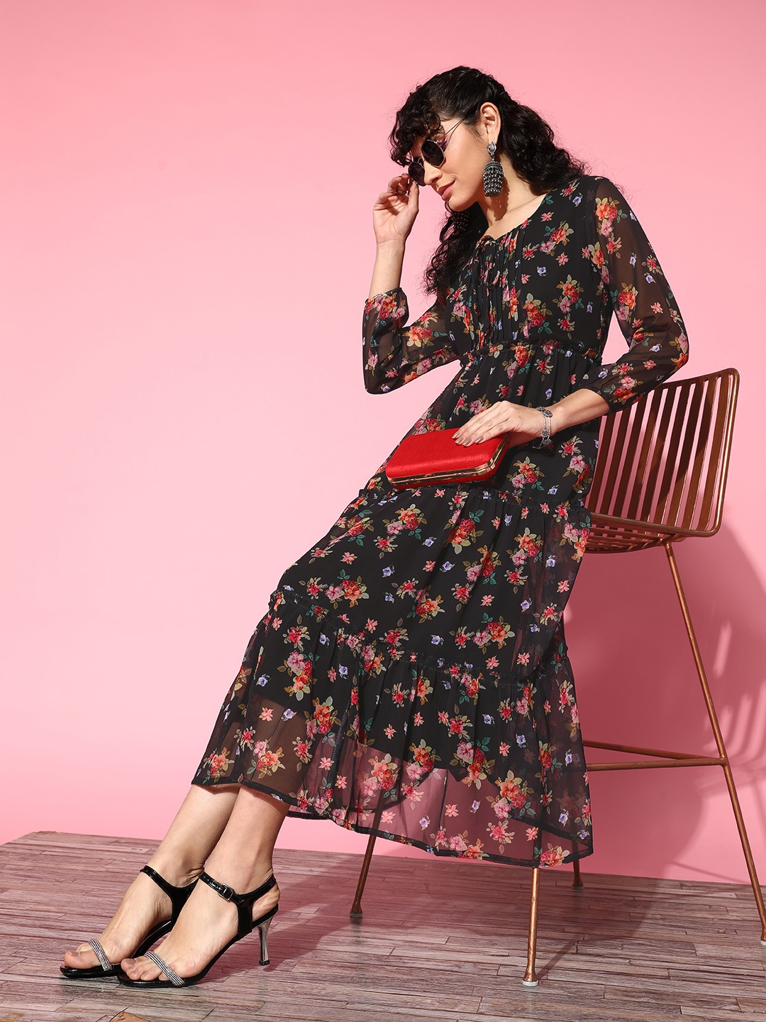 

RAJGRANTH Black & Red Floral A-Line Midi Dress