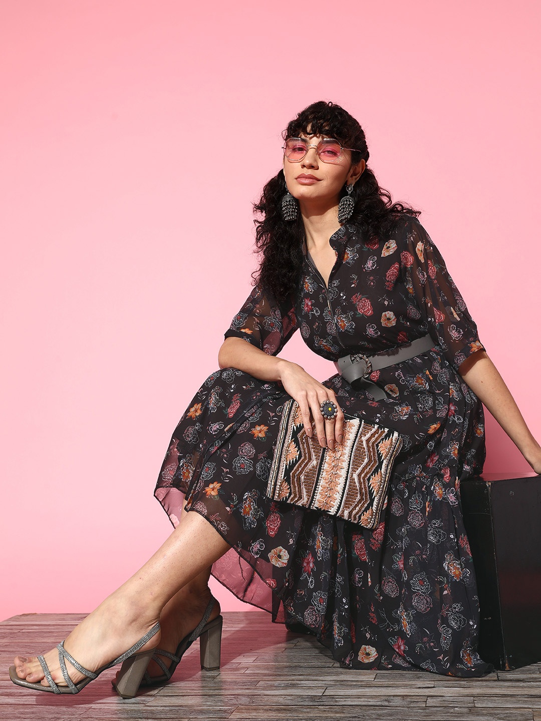 

RAJGRANTH Black & Red Floral Crepe A-Line Midi Dress