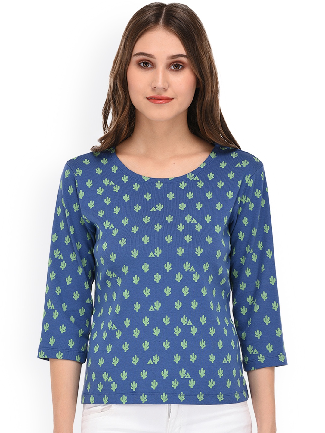 

PURYS Women Blue Printed Round Neck T-shirt