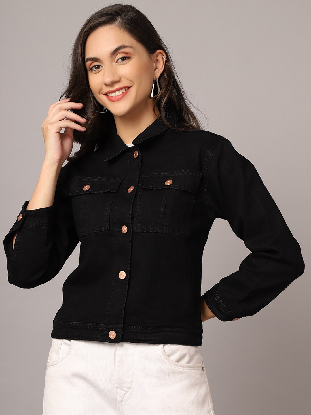 

urSense Women Black Cotton Denim Jacket