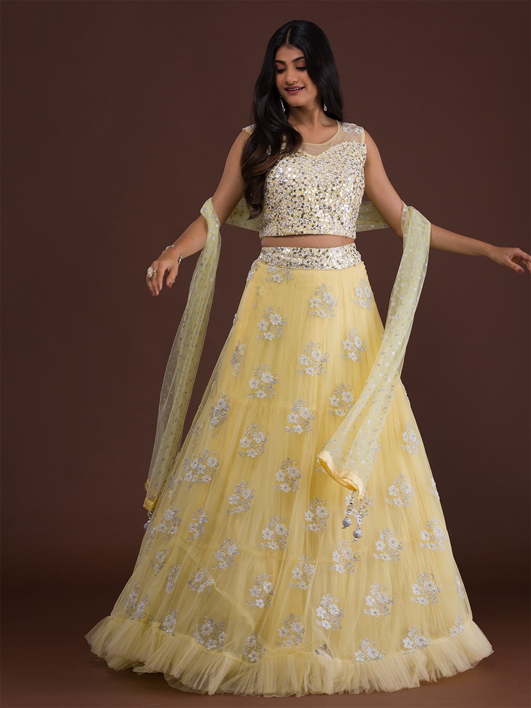 

Koskii Yellow & Silver-Toned Embellished Sequinned Ready to Wear Lehenga & Blouse With Dupatta