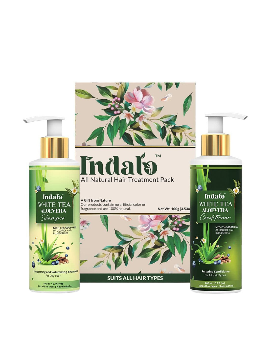 

INDALO Set Of White Tea Aloe vera Shampoo & Conditioner 200ml Each, Green