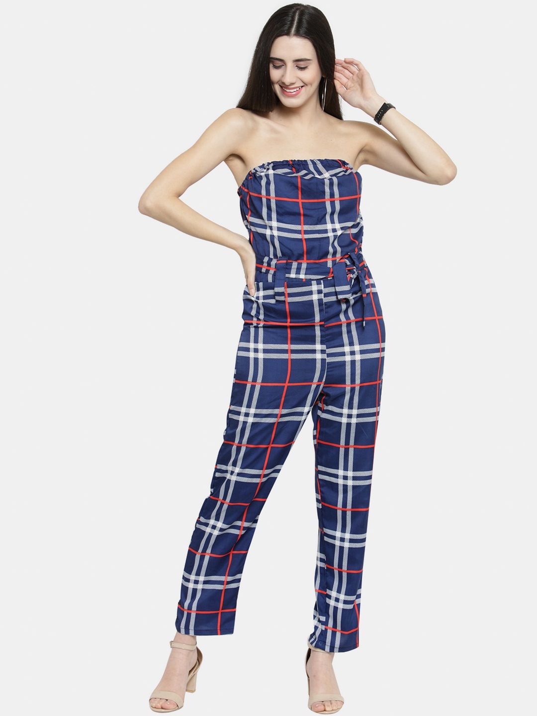

Enchanted Drapes Blue & White Strapless Checked Basic Jumpsuit