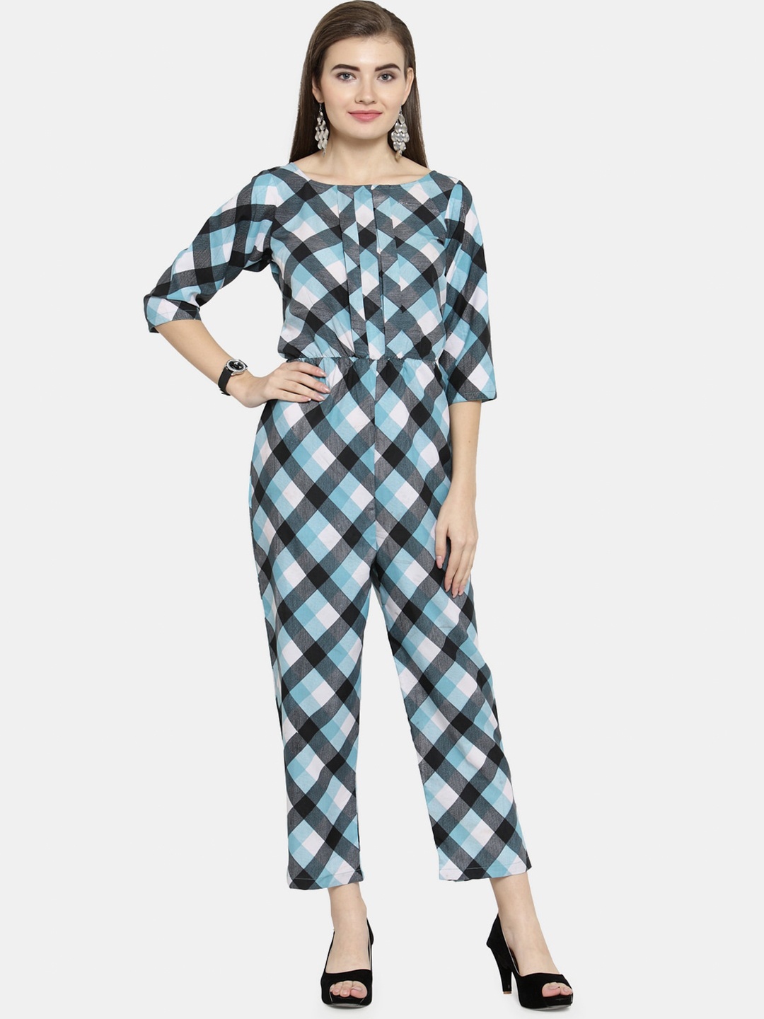 

Enchanted Drapes Blue & Grey Checked Basic Jumpsuit