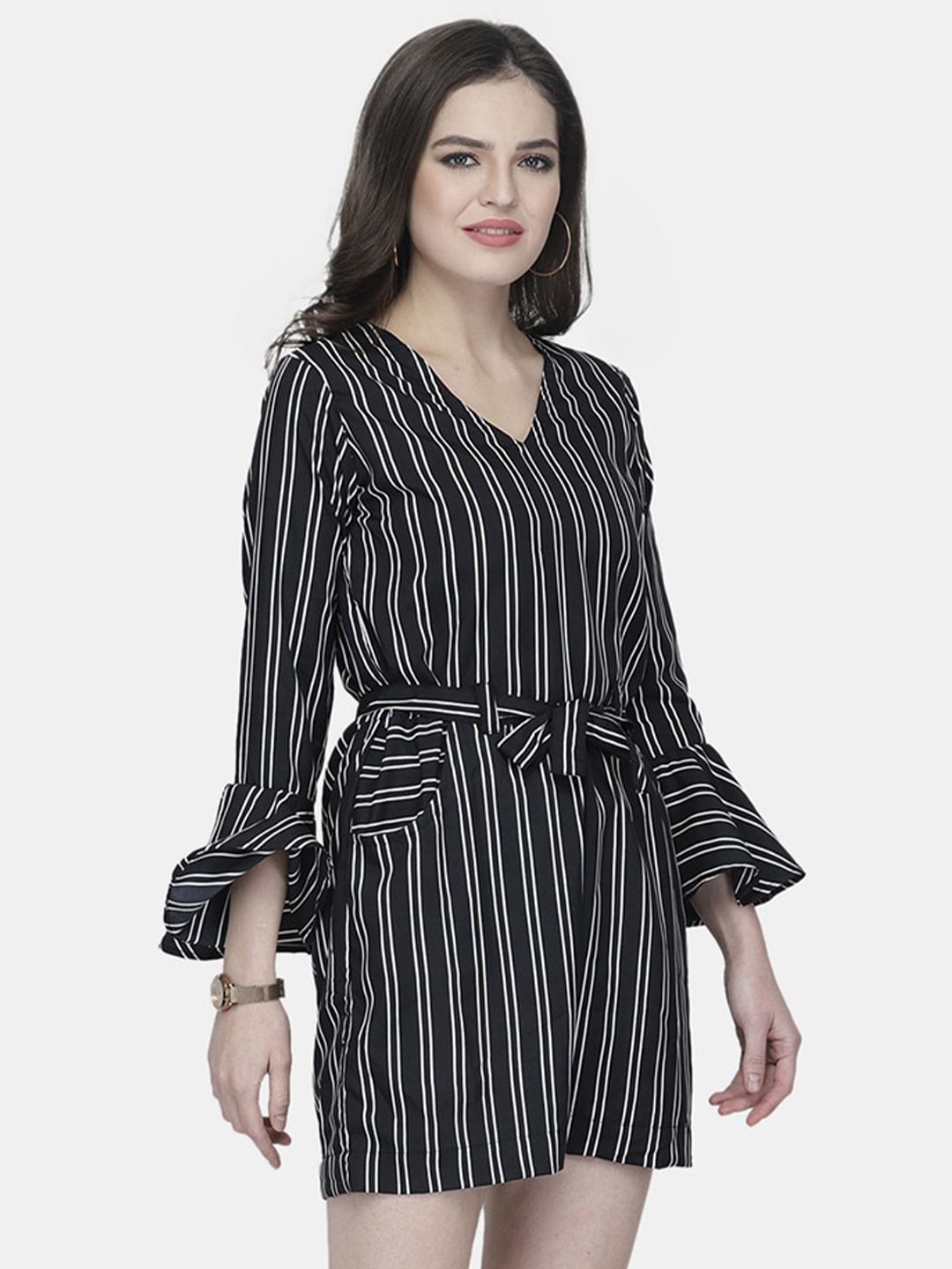 

Enchanted Drapes Black & White Striped Jumpsuit