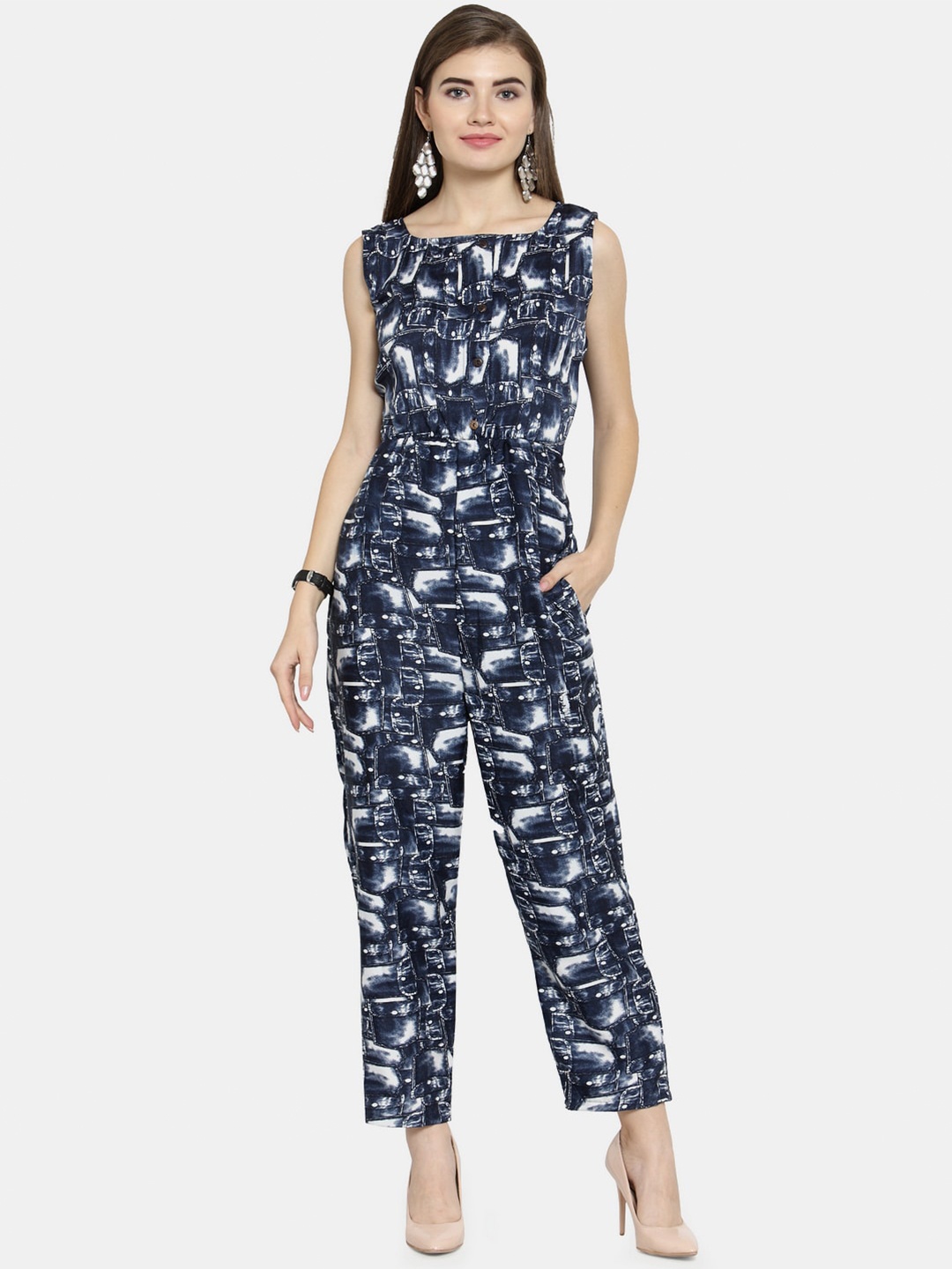 

Enchanted Drapes Blue & White Printed Basic Jumpsuit