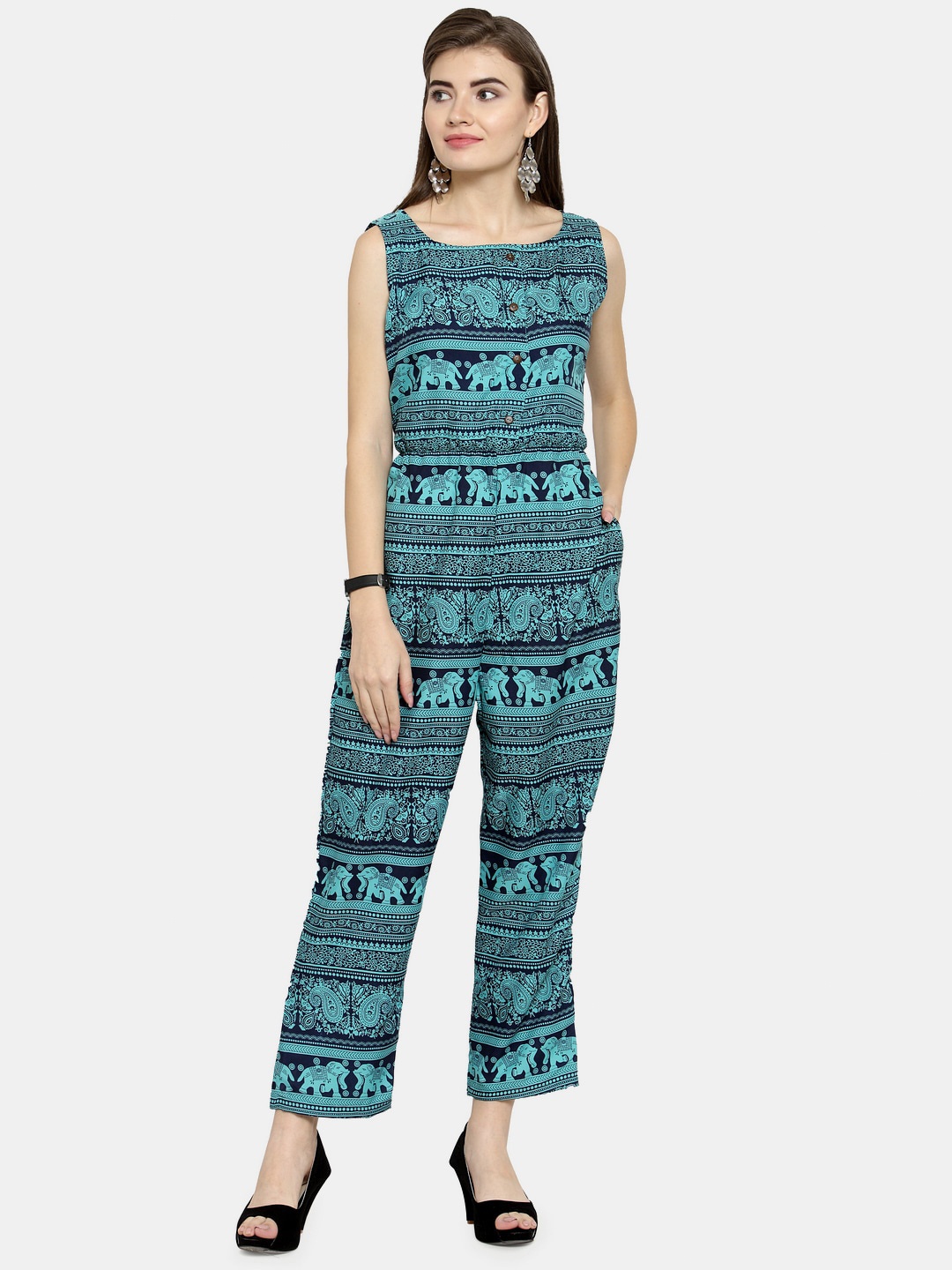 

Enchanted Drapes Blue & Green Printed Basic Jumpsuit