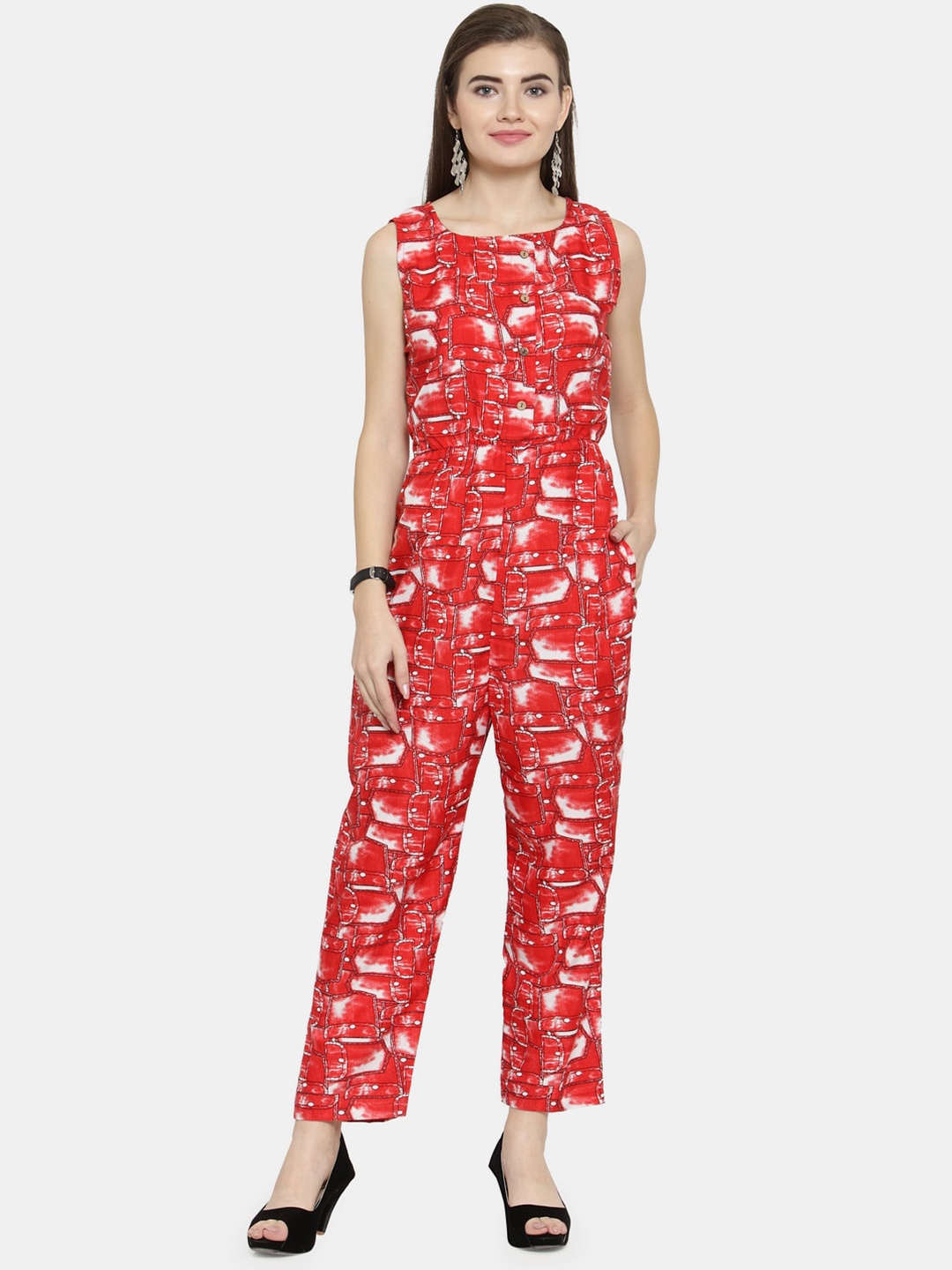 

Enchanted Drapes Red & White Printed Basic Jumpsuit