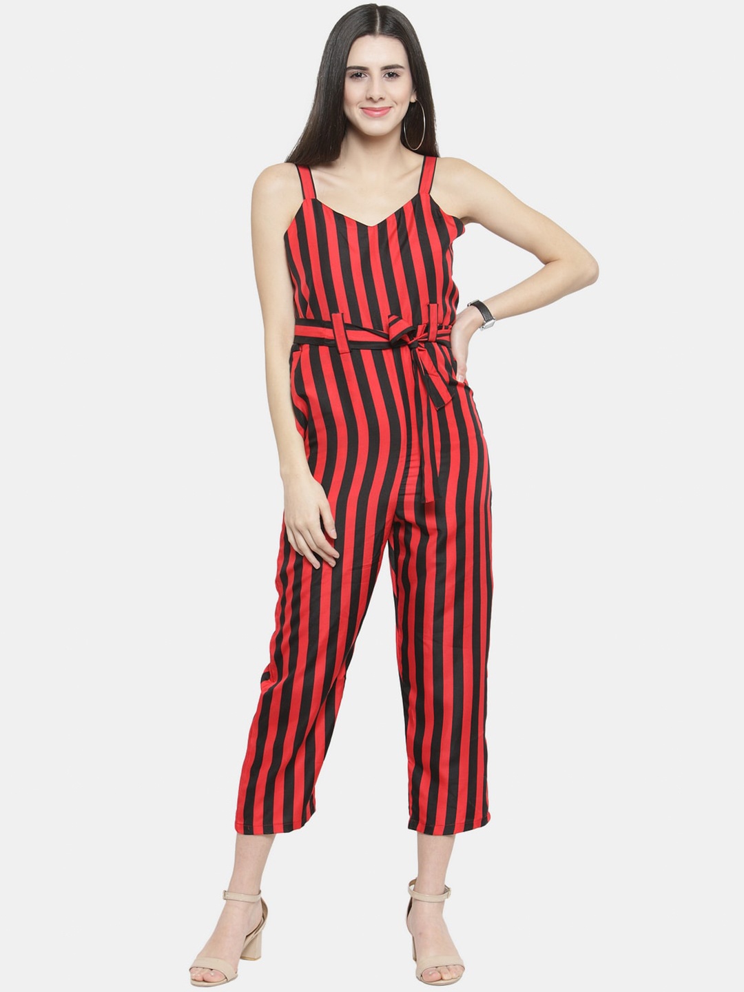 

Enchanted Drapes Red & Black Striped Basic Jumpsuit
