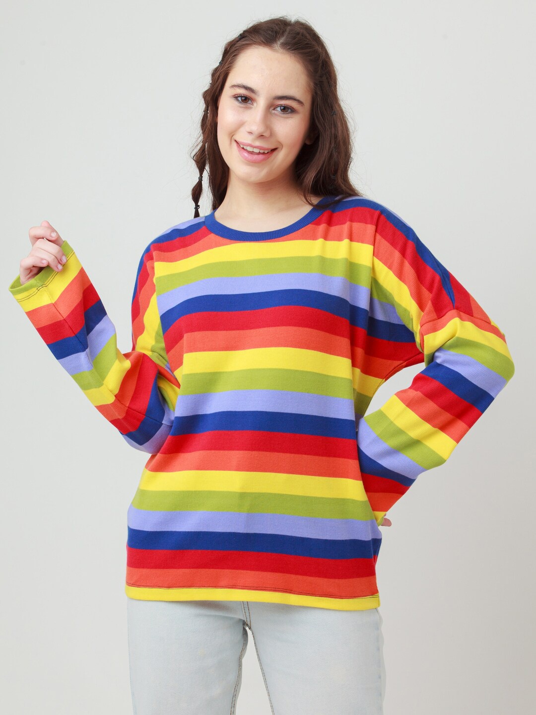

zink Z Women Yellow & Red Striped Round Neck Top