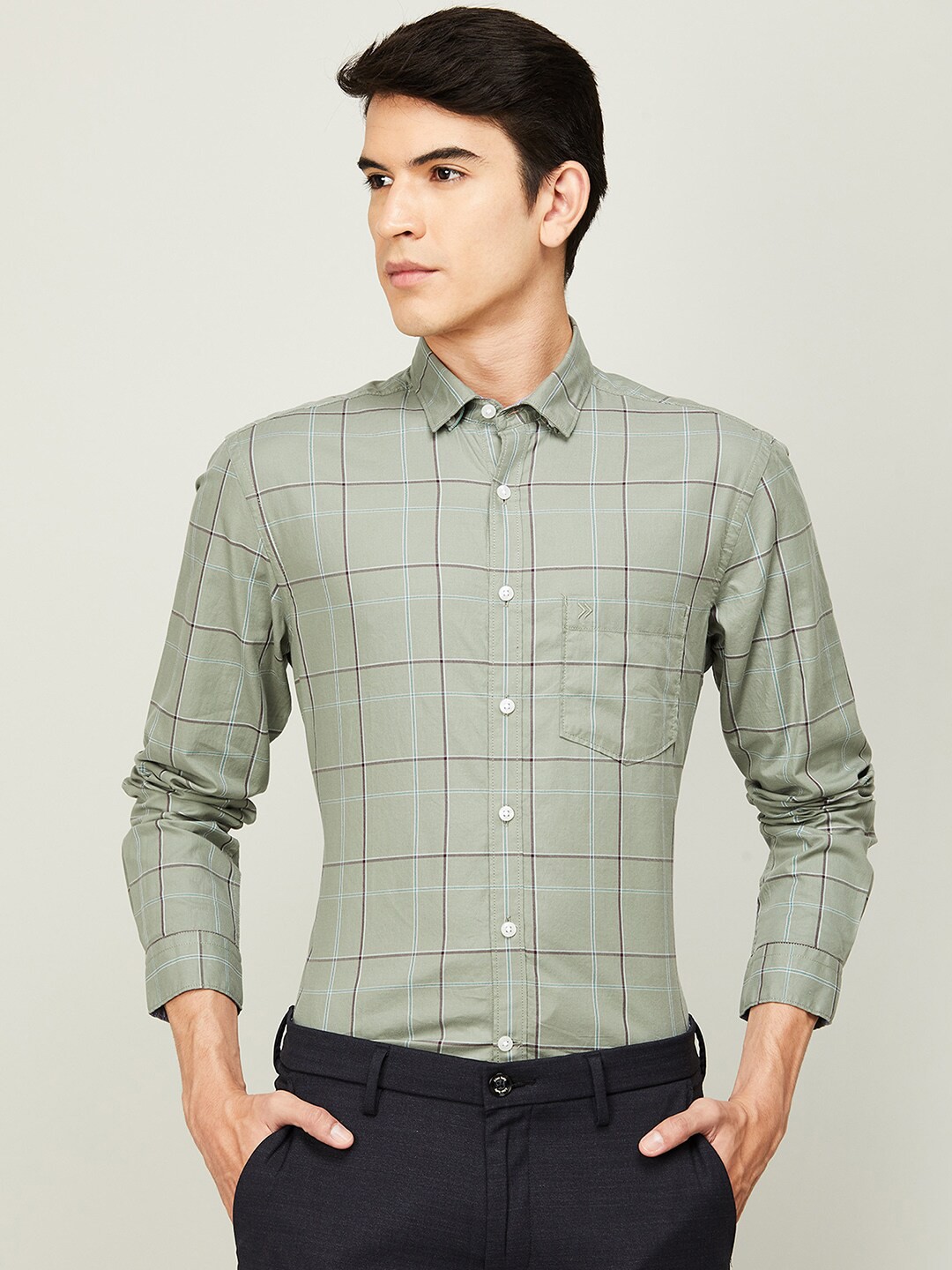 

CODE by Lifestyle Slim Fit Checked Cotton Casual Shirt, Grey