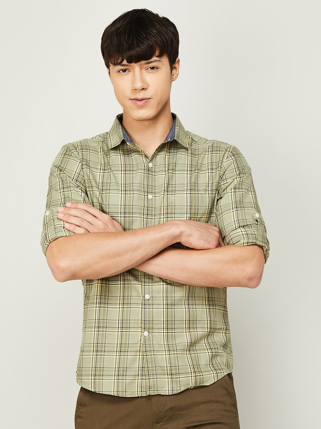 

CODE by Lifestyle Slim Fit Tartan Checks Cotton Casual Shirt, Olive