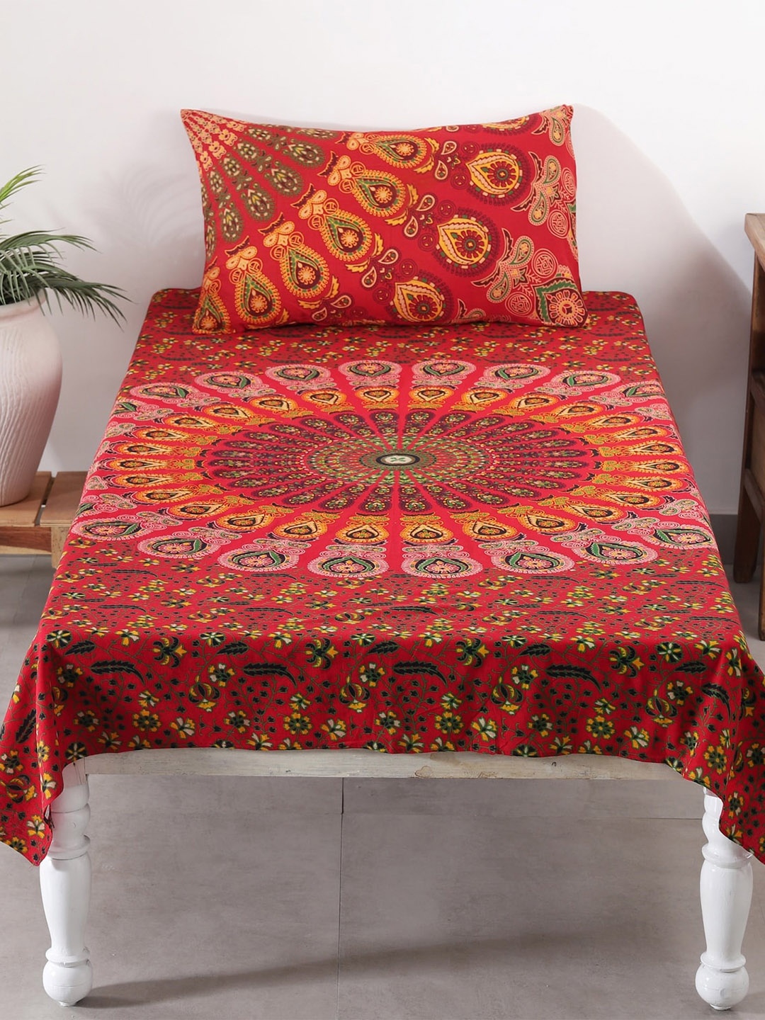 

HANDICRAFT PALACE Red & Yellow Printed144 TC Cotton Single Bedsheet with 1 Pillow Cover