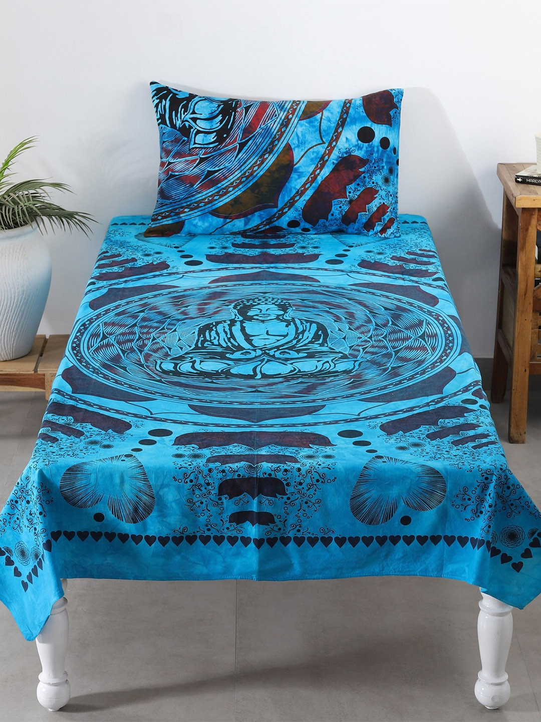 

HANDICRAFT PALACE Turquoise Blue Printed 144 TC Cotton Single Bedsheet with 1 Pillow Cover