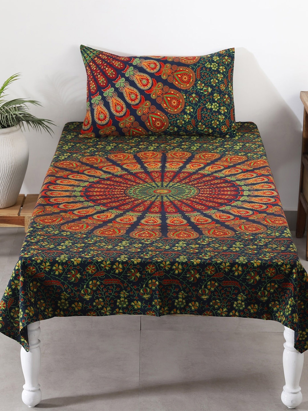 

HANDICRAFT PALACE Green & Orange Printed 144 TC Cotton Single Bedsheet with 1 Pillow Cover