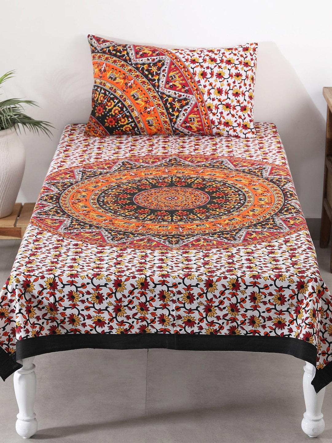 

HANDICRAFT PALACE Orange & White Printed 144 TC Cotton Single Bedsheet with 1 Pillow Cover