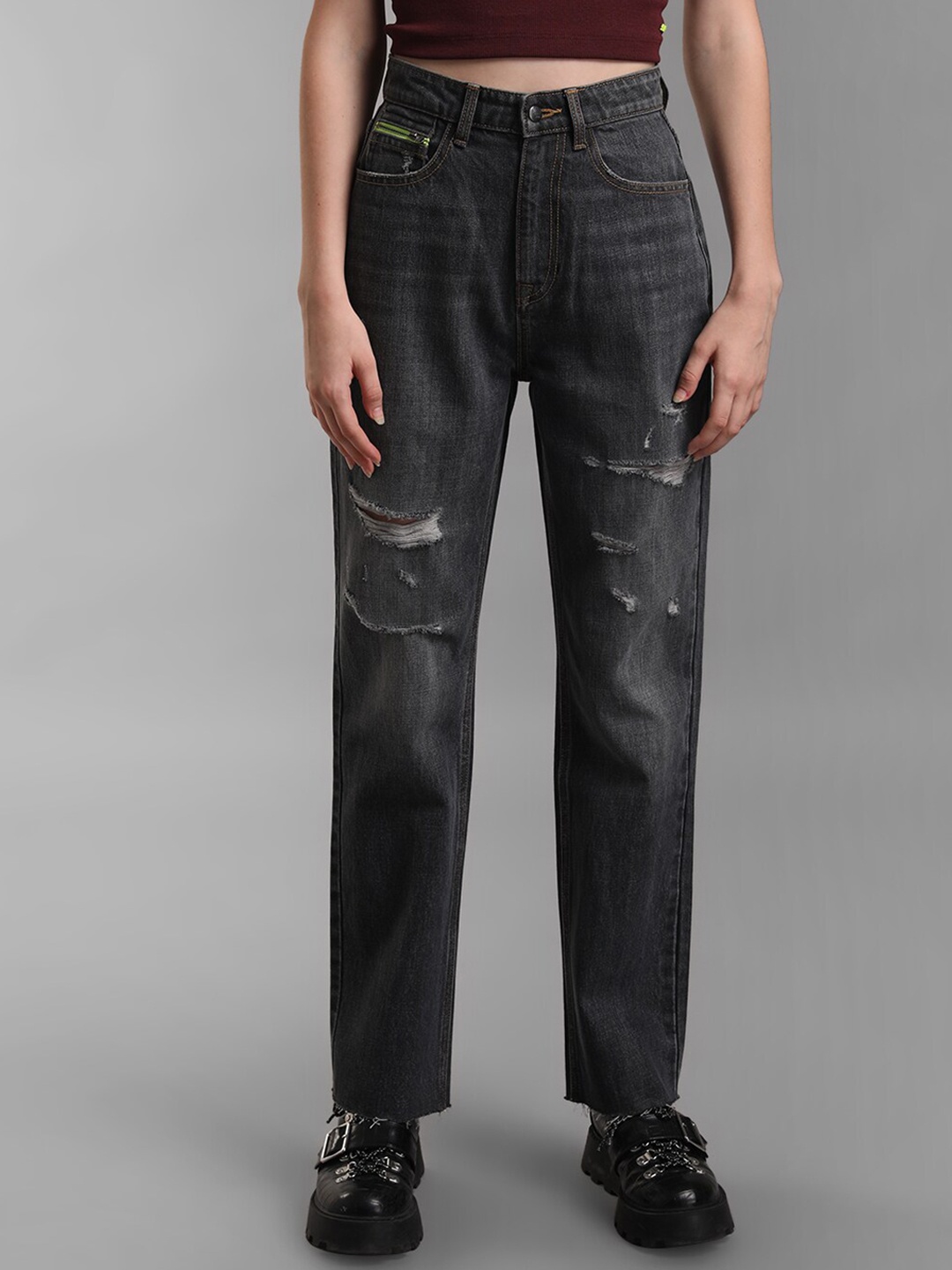 

KZ07 By Kazo Women Grey High-Rise Mildly Distressed Light Fade Jeans