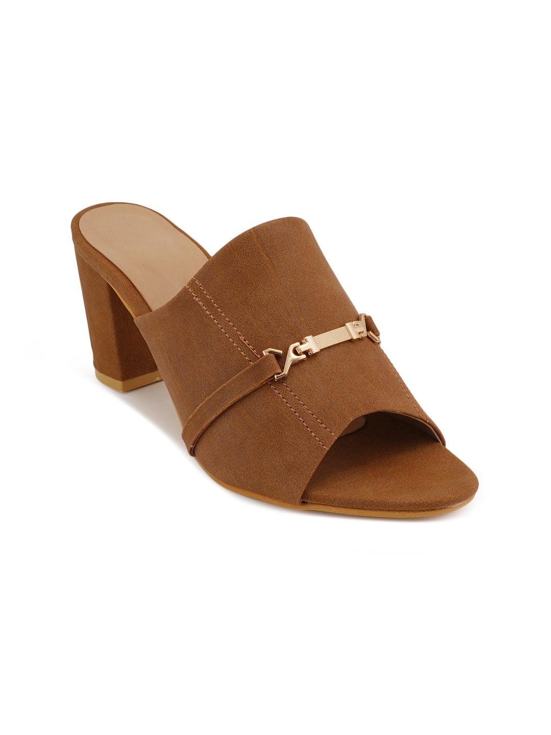 

SCENTRA Tan Block Mules Heels