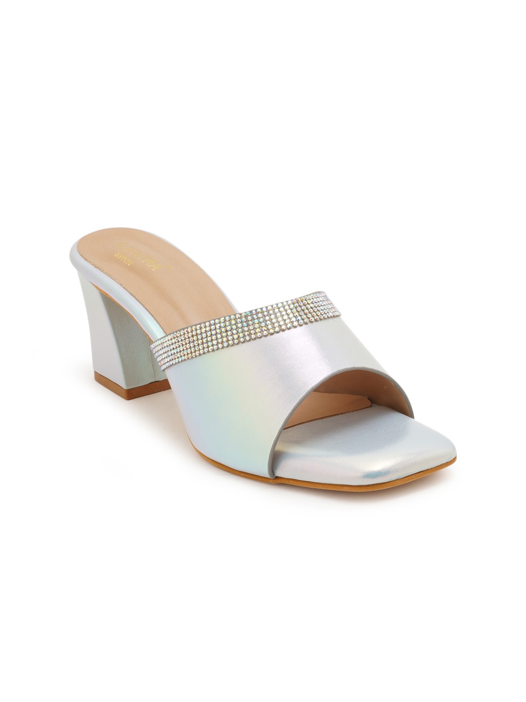 

SCENTRA Blue & Silver-Toned Colourblocked Block Mules