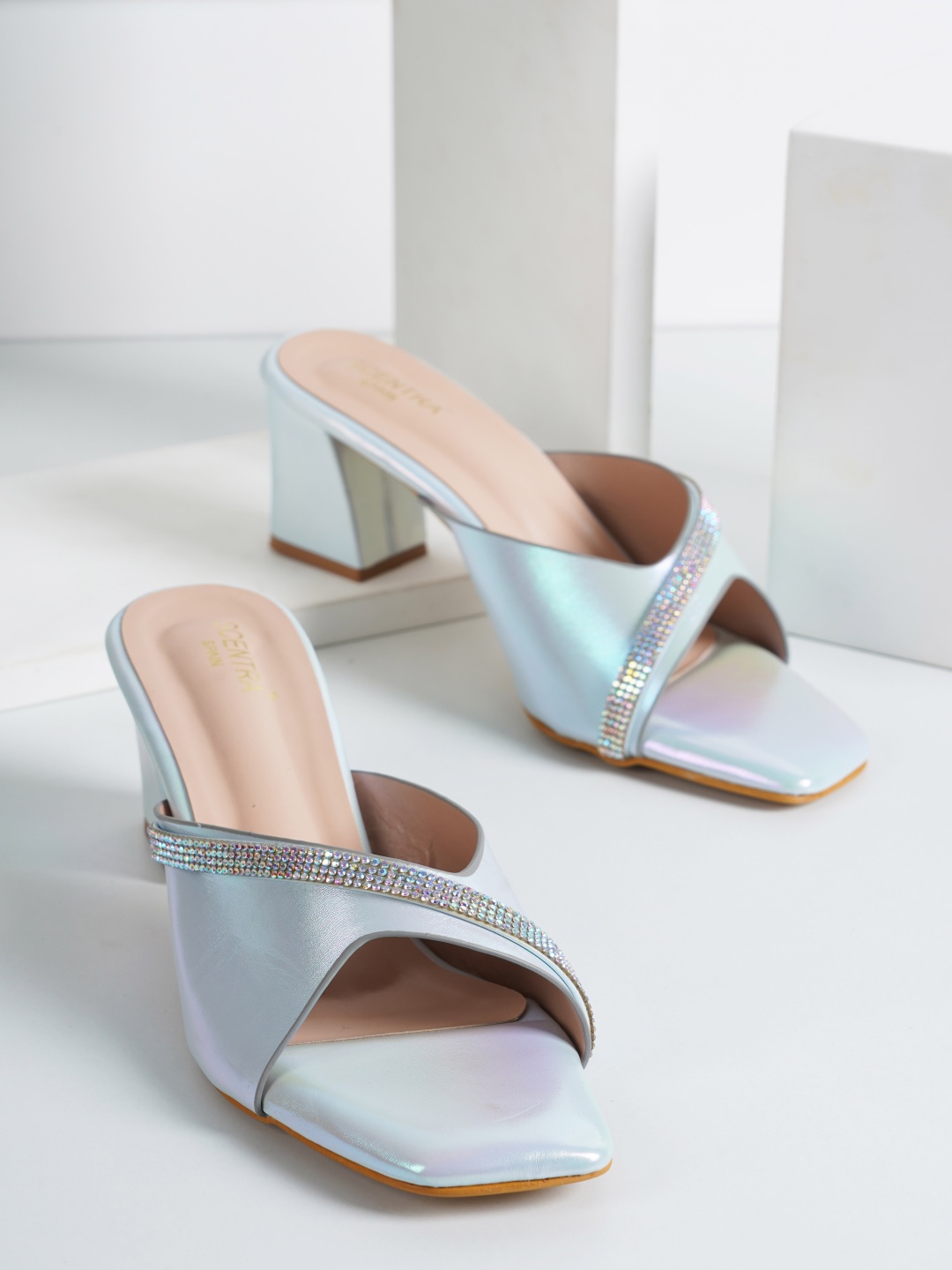 

SCENTRA Blue Embellished Block Mules Heels