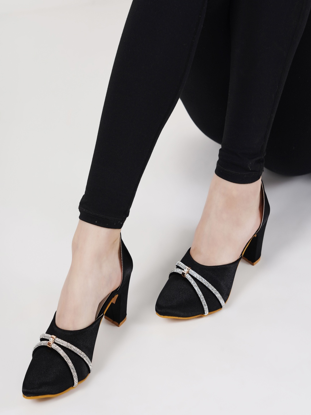 

SCENTRA Women Black Embellished Block Mules Heels